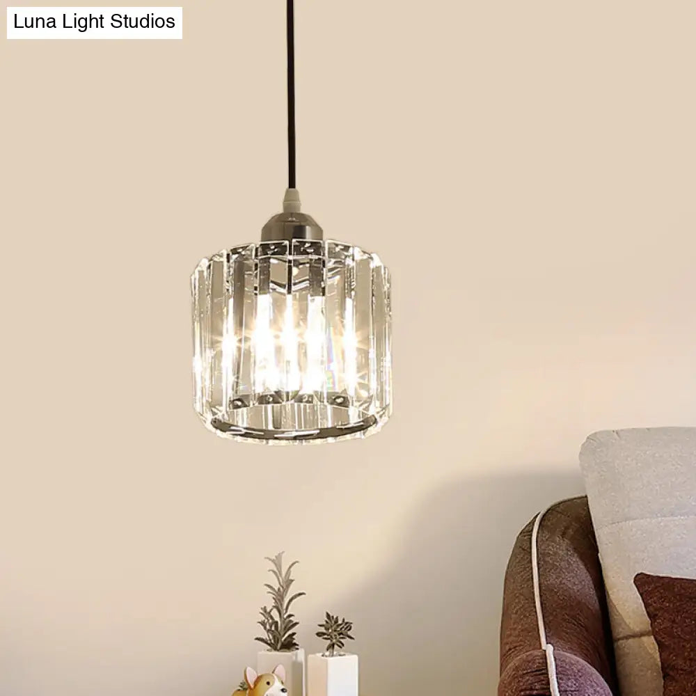 Simple Chrome Cylinder Pendant Lamp With Crystal Pendulum - Ideal For Bedside Or Ceiling