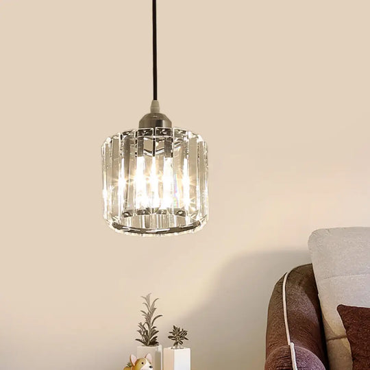 Crystal Pendulum Ceiling Pendant Light - Sleek Chrome Cylinder Design For Bedside Use