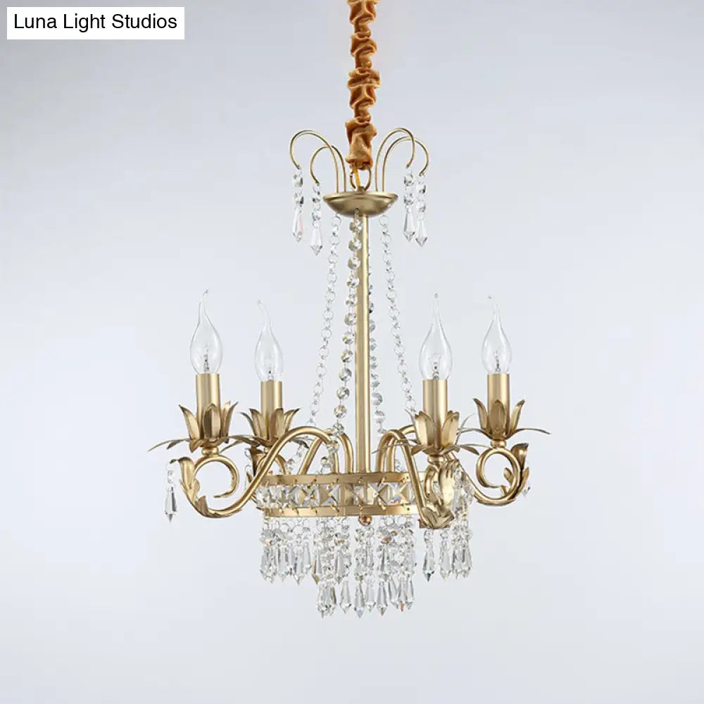 Crystal Prism 4-Light Gold Chandelier Pendant For Sleep-Friendly Candle-Lit Ambiance In Traditional