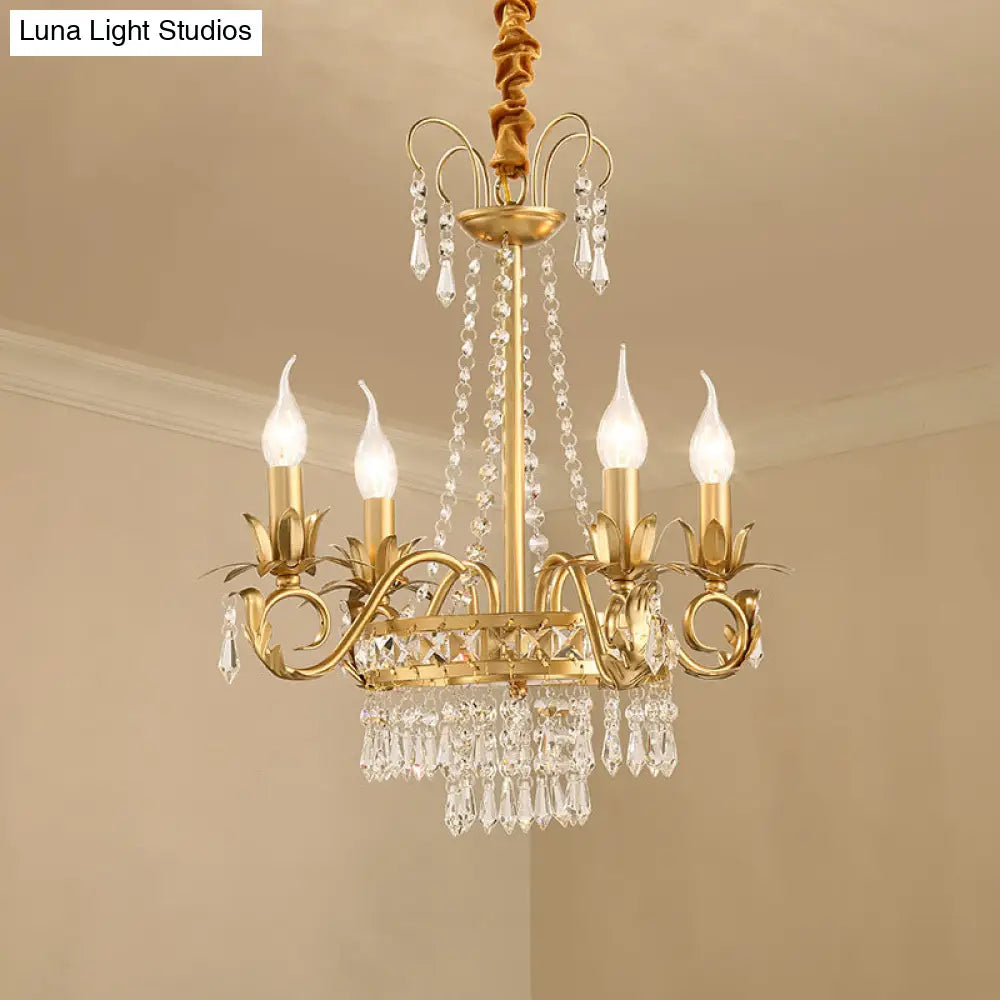 Crystal Prism 4-Light Gold Chandelier Pendant For Sleep-Friendly Candle-Lit Ambiance In Traditional