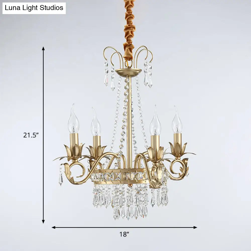 Crystal Prism 4-Light Gold Chandelier Pendant For Sleep-Friendly Candle-Lit Ambiance In Traditional