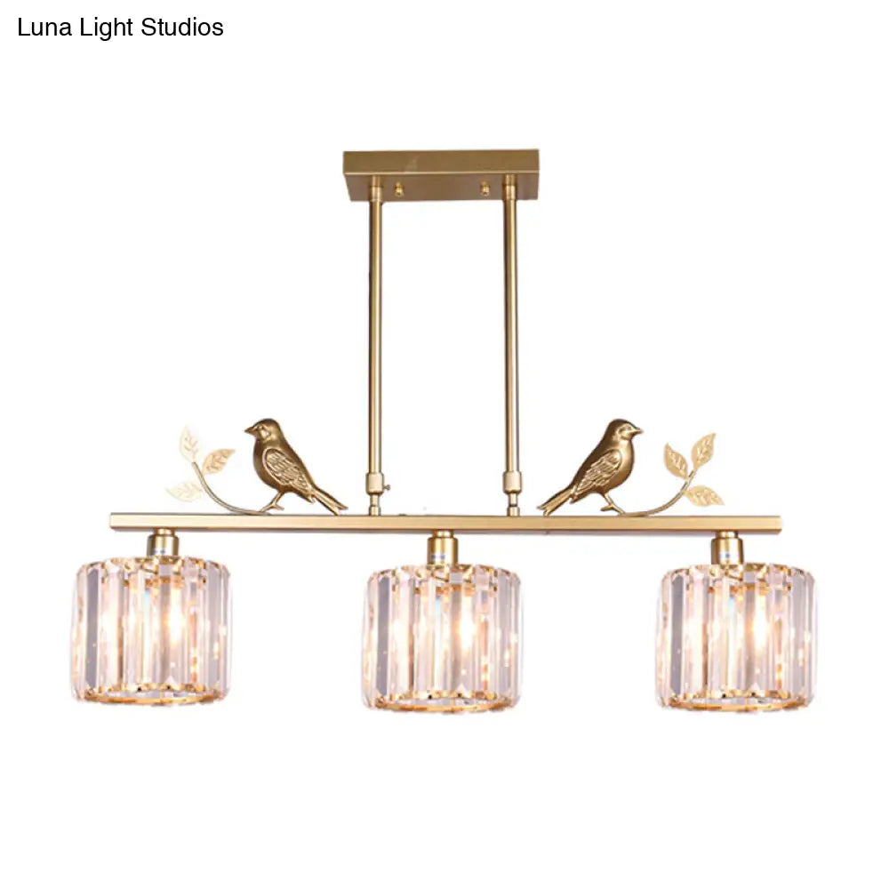 Crystal Prism Island Light Fixture With Lodge Pendant And Bird-Leaf Decor