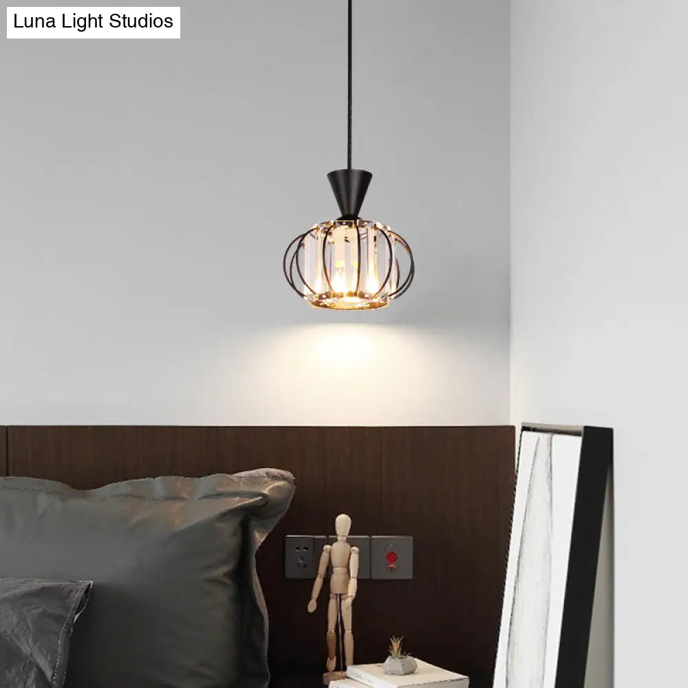 Crystal Prism Pendant Light With Modern Lantern Shade In Black/Gold For Bedroom
