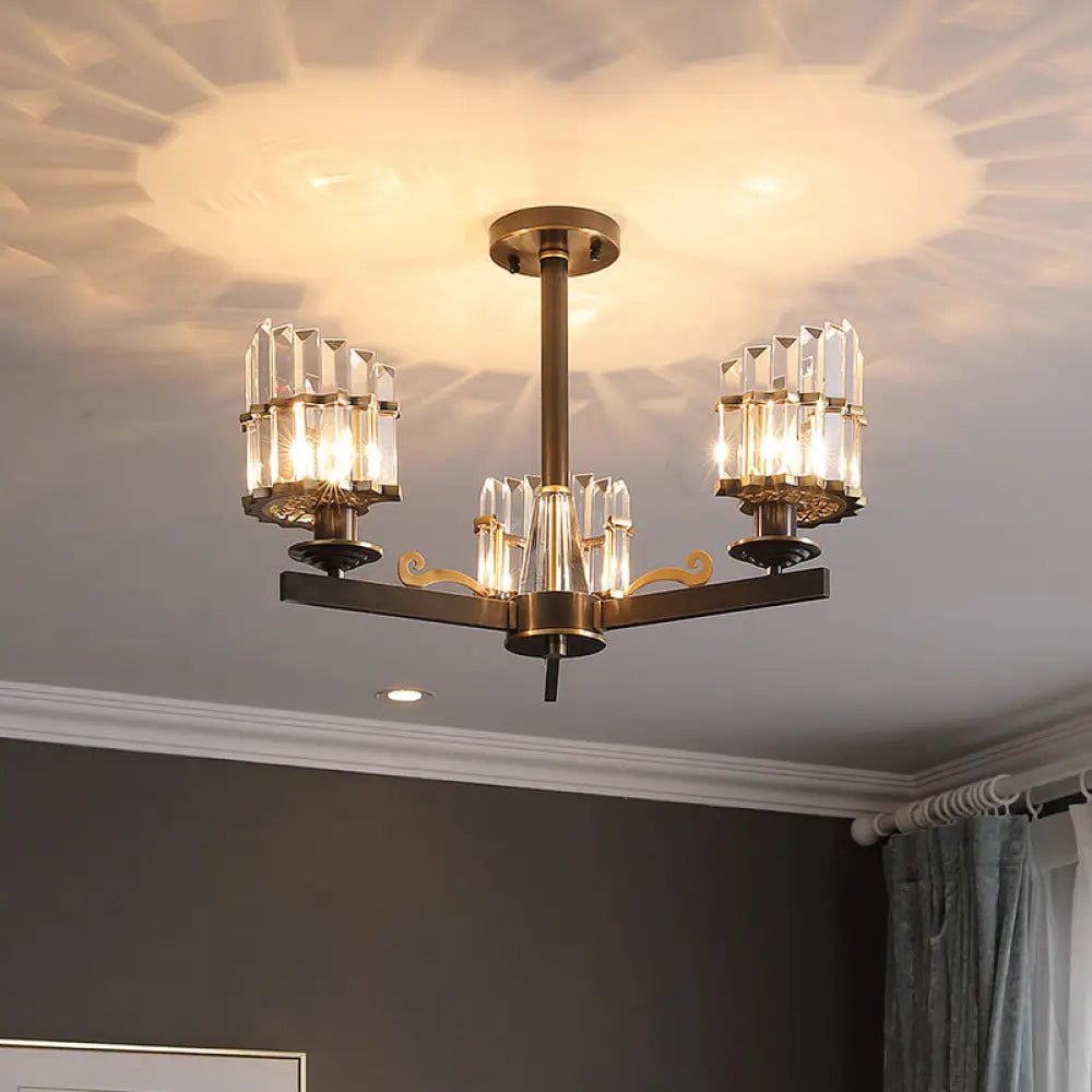 Crystal Prisms Half - Cylinder Ceiling Light With 3 Bulbs - Elegant Black Semi Flush Chandelier For