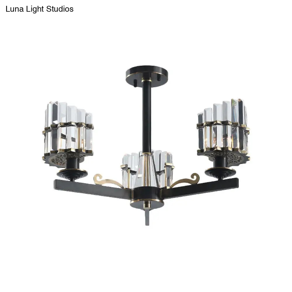 Crystal Prisms Half-Cylinder Ceiling Light With 3 Bulbs - Elegant Black Semi Flush Chandelier For