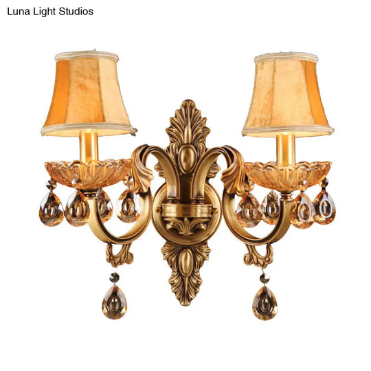 Crystal Raindrop Fabric Sconce: Countryside Brass Wall Lighting For Bedroom