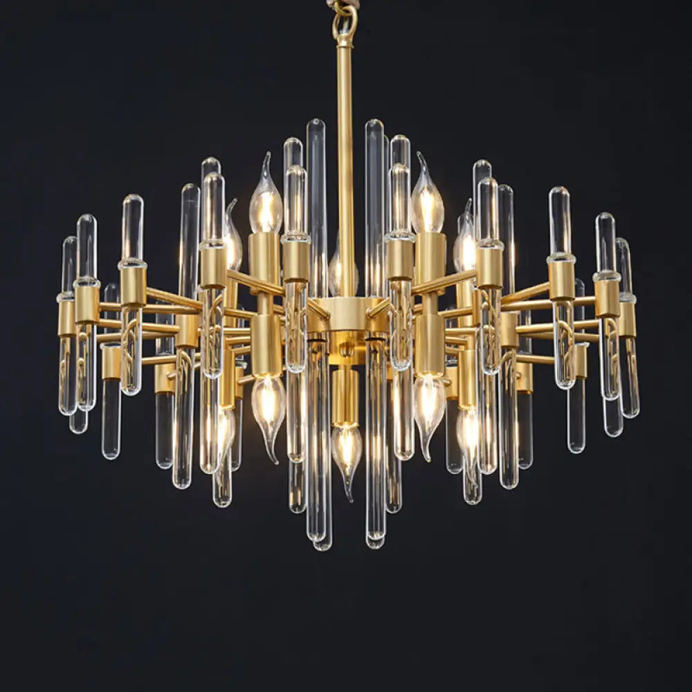 Crystal Rod Drop Chandelier Light - 10 Heads Postmodern Brass Radial Design For Living Room