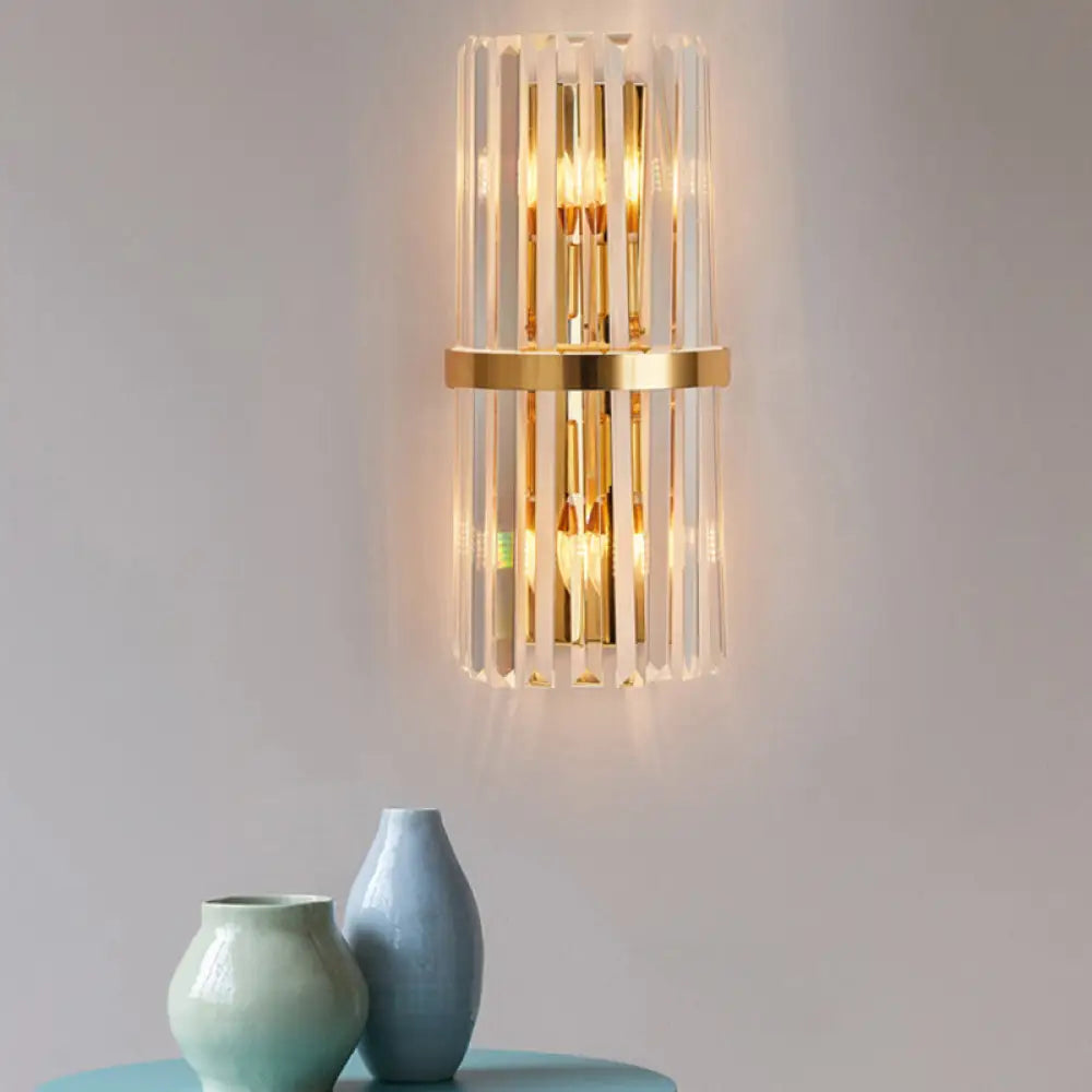 Crystal Rod Wall Sconce In Gold - Elegant Dual Bulb Lighting For Living Room Walls / D