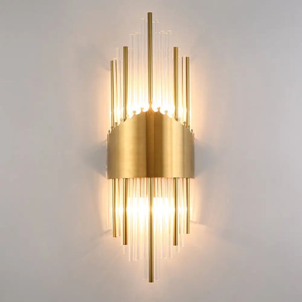 Crystal Rod Wall Sconce In Gold - Elegant Dual Bulb Lighting For Living Room Walls / H