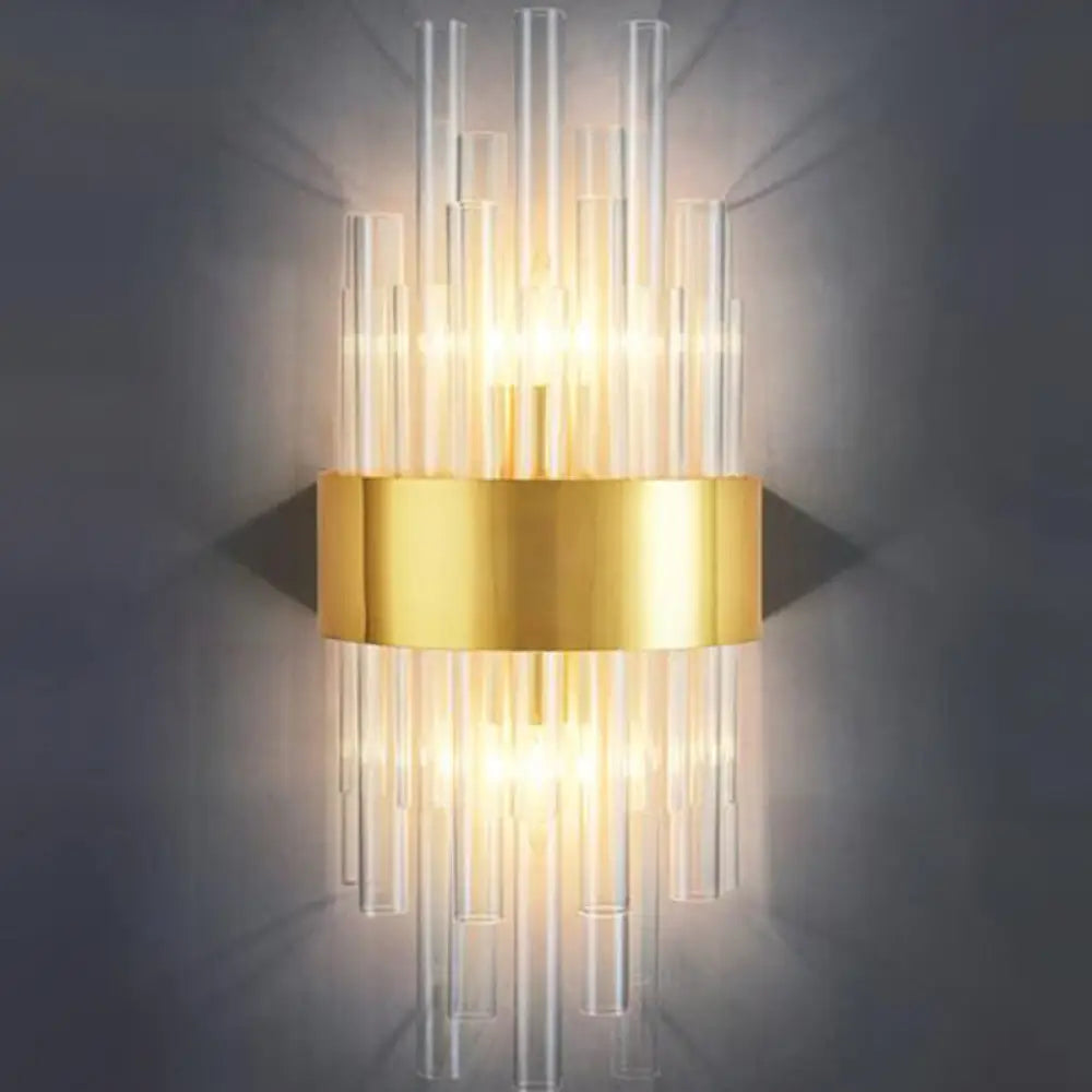 Crystal Rod Wall Sconce In Gold - Elegant Dual Bulb Lighting For Living Room Walls / K