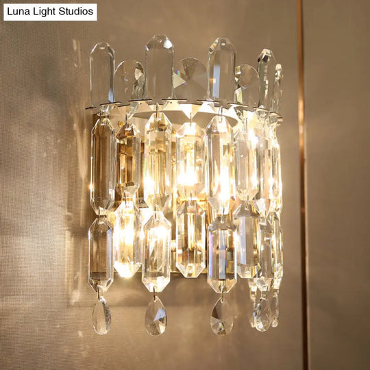 Crystal Rod Wall Sconce With Minimalist Crown Design - 2 Bulb Bedroom Light Fixture