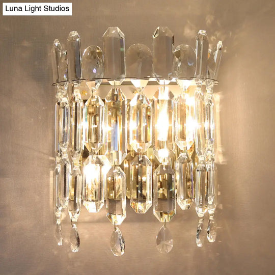 Crystal Rod Wall Sconce With Minimalist Crown Design - 2 Bulb Bedroom Light Fixture