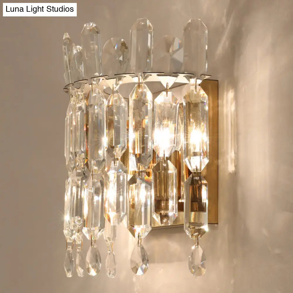 Crystal Rod Wall Sconce With Minimalist Crown Design - 2 Bulb Bedroom Light Fixture