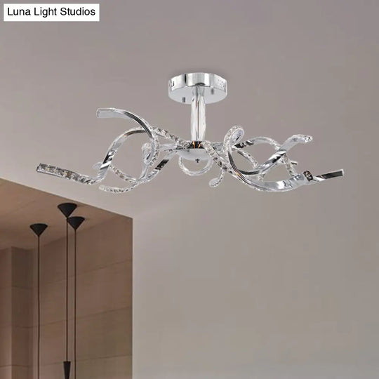 Crystal Semi Flush Lighting: Twist Design Minimalist 10-Light Chrome Ceiling Fixture - White/Natural