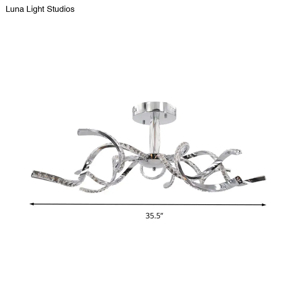 Crystal Semi Flush Lighting: Twist Design Minimalist 10-Light Chrome Ceiling Fixture - White/Natural