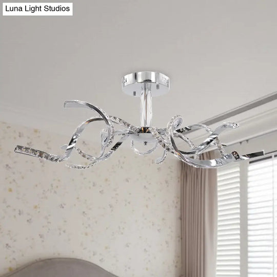 Crystal Semi Flush Lighting: Twist Design Minimalist 10-Light Chrome Ceiling Fixture - White/Natural