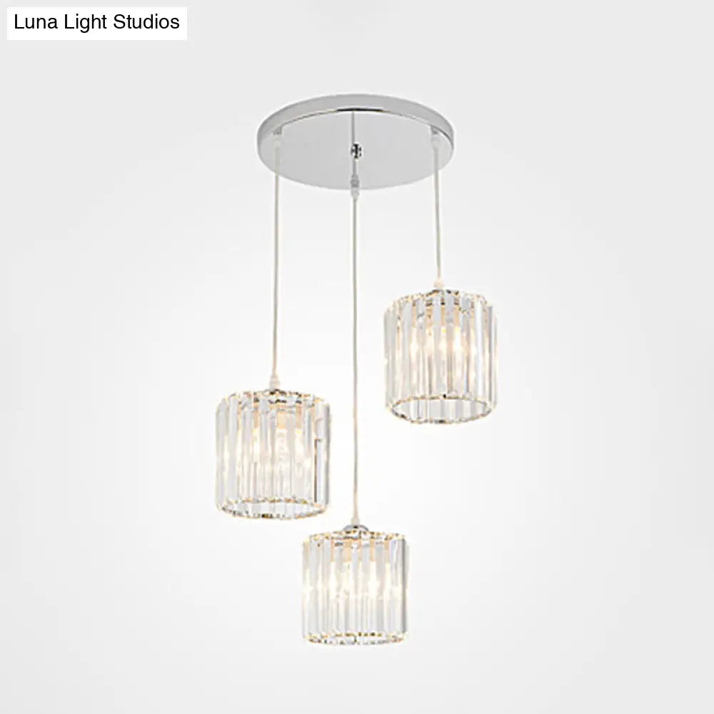 Crystal Shade Pendant Cluster Light - Minimalist 3-Head Cylindrical Hanging Fixture For Dining Room