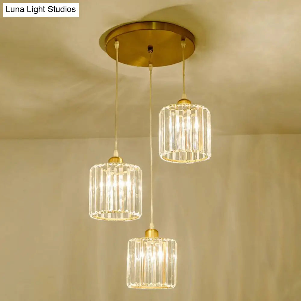 Crystal Shade Pendant Cluster Light - Minimalist 3-Head Cylindrical Hanging Fixture For Dining Room