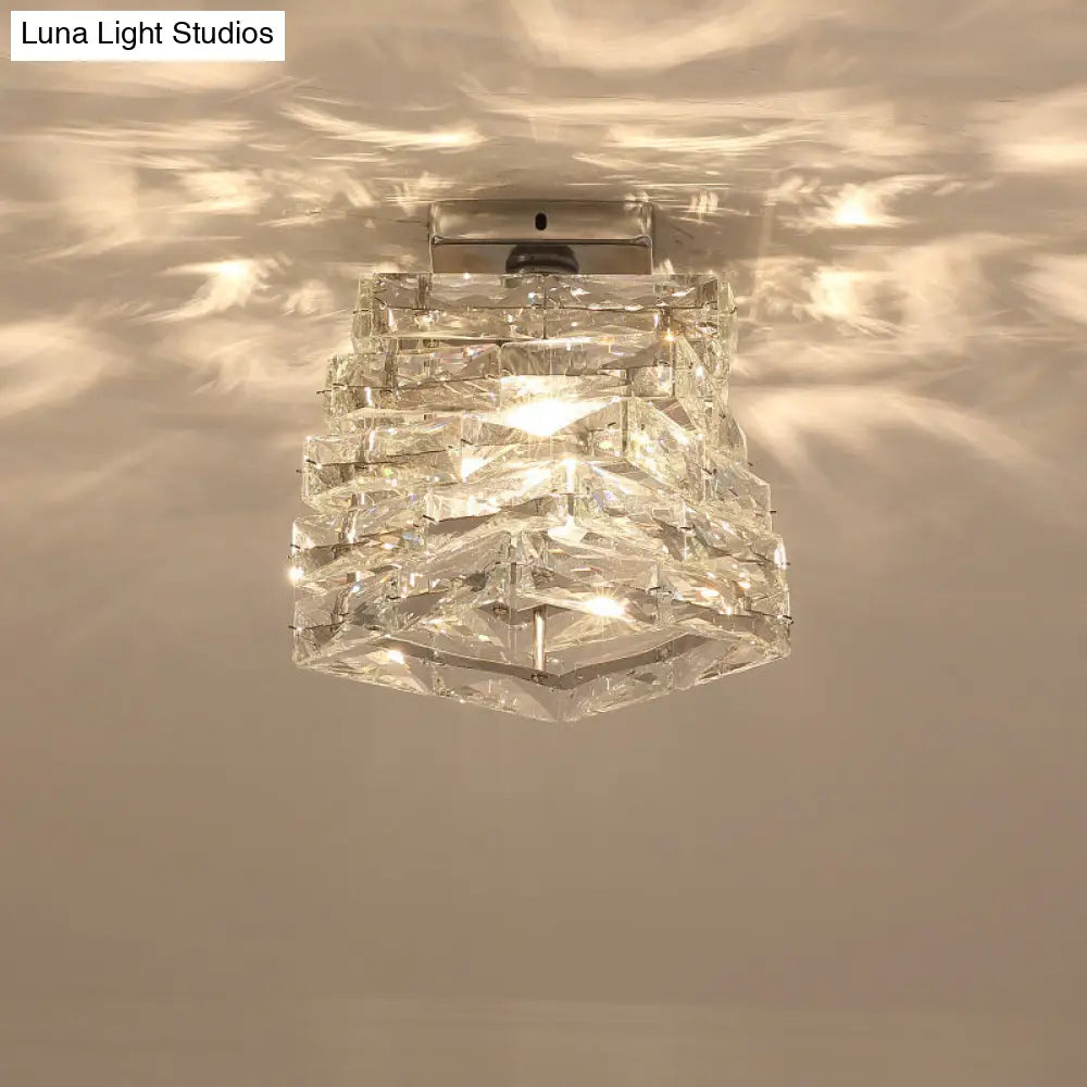 Crystal Spiral Square Ceiling Lamp - Modern 1-Light Semi Mount For Hallways Clear