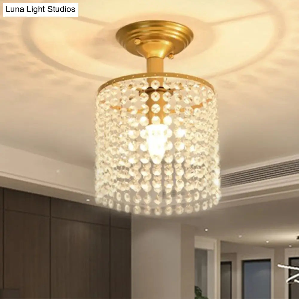 Crystal Strand Semi Flush 1-Light Gold Lamp - Simple Cylindrical Design For Close To Ceiling
