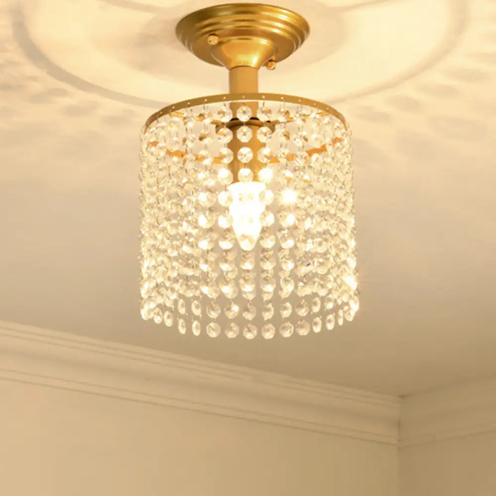 Crystal Strand Semi Flush 1-Light Gold Lamp - Simple Cylindrical Design For Close To Ceiling