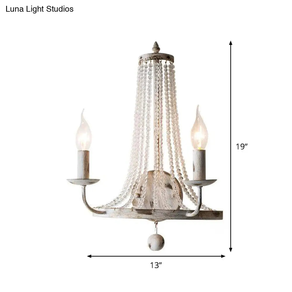 Crystal Strand Wall Sconce Lamp: Countryside 2-Light Bedroom Lighting In White Candle Design