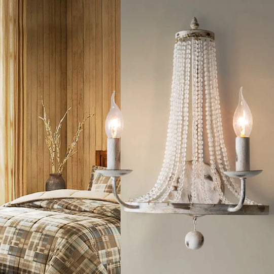 Crystal Strand Wall Sconce Lamp: Countryside 2-Light Bedroom Lighting In White Candle Design