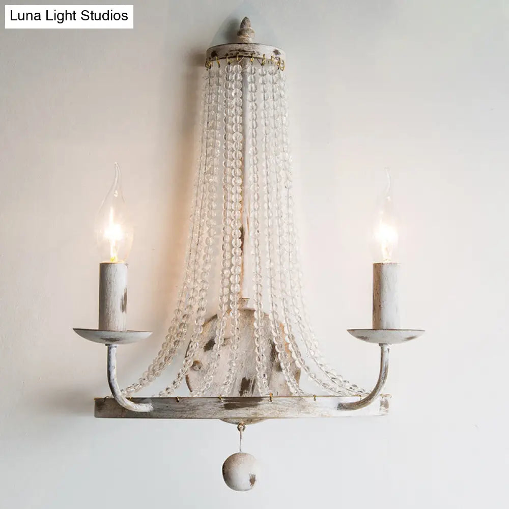 Crystal Strand Wall Sconce Lamp: Countryside 2-Light Bedroom Lighting In White Candle Design