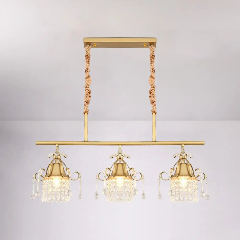 Crystal Teardrop Island Pendant Light With Gold Cylinder And 3 Heads