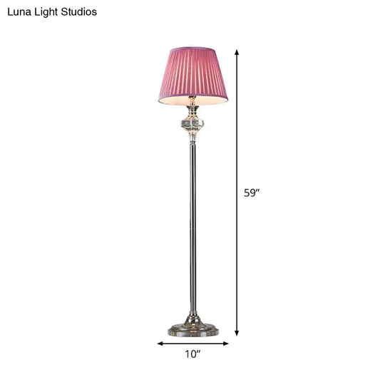 Crystal Urn-Shaped Living Room Floor Lamp - Pink 1-Bulb Standing Light With Cone Fabric Shade