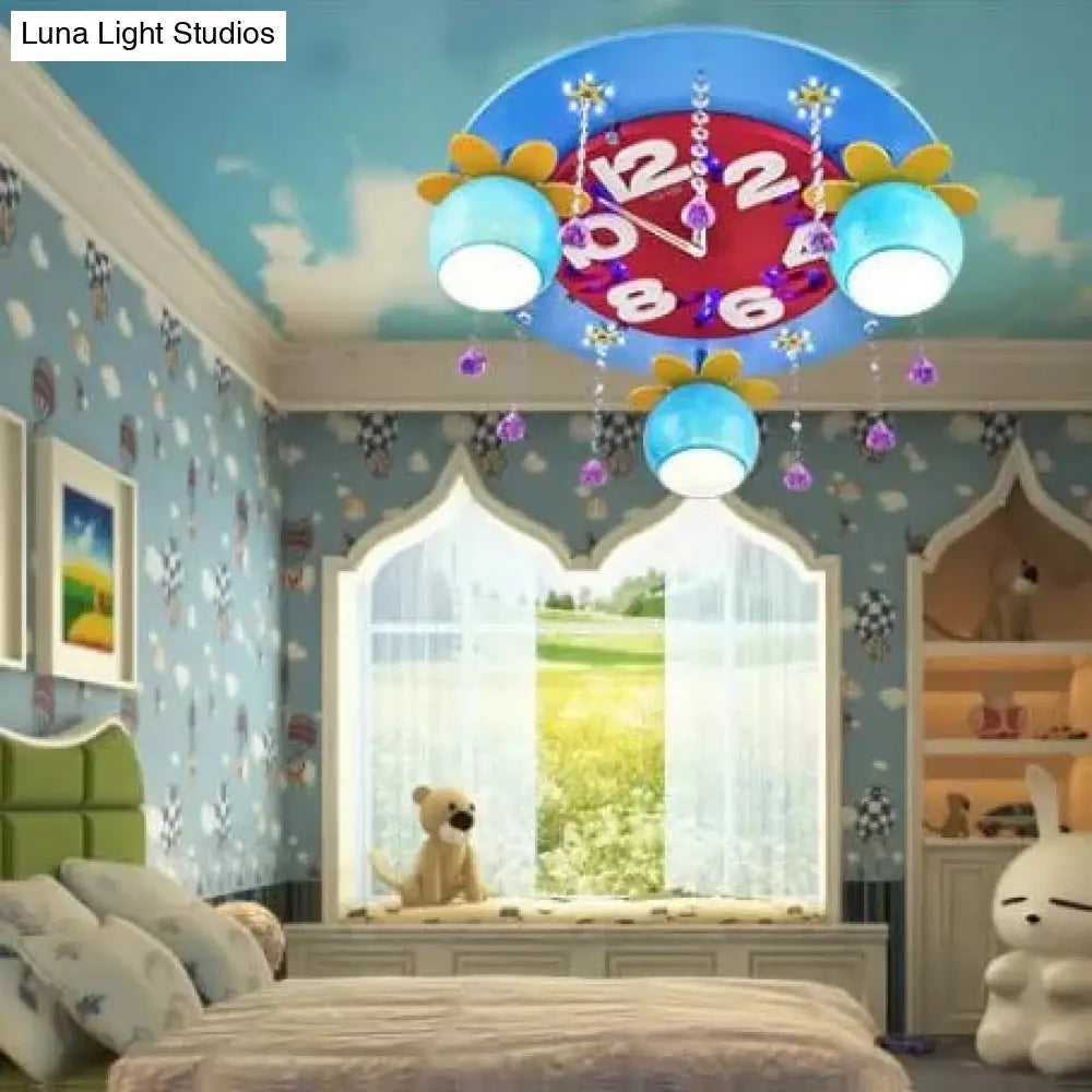 Crystal Wood Kid Bedroom Ceiling Mount Light With 3 Head Creative Lamp