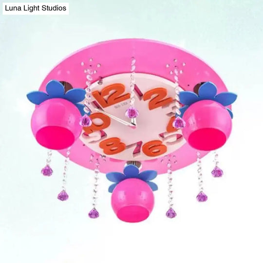 Crystal Wood Kid Bedroom Ceiling Mount Light With 3 Head Creative Lamp Pink