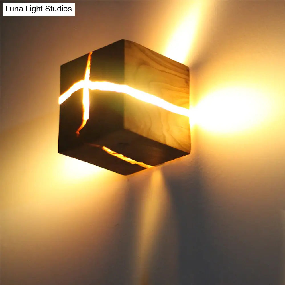 Cube Crack Wood Flush Wall Light - Nordic Led Beige Lamp