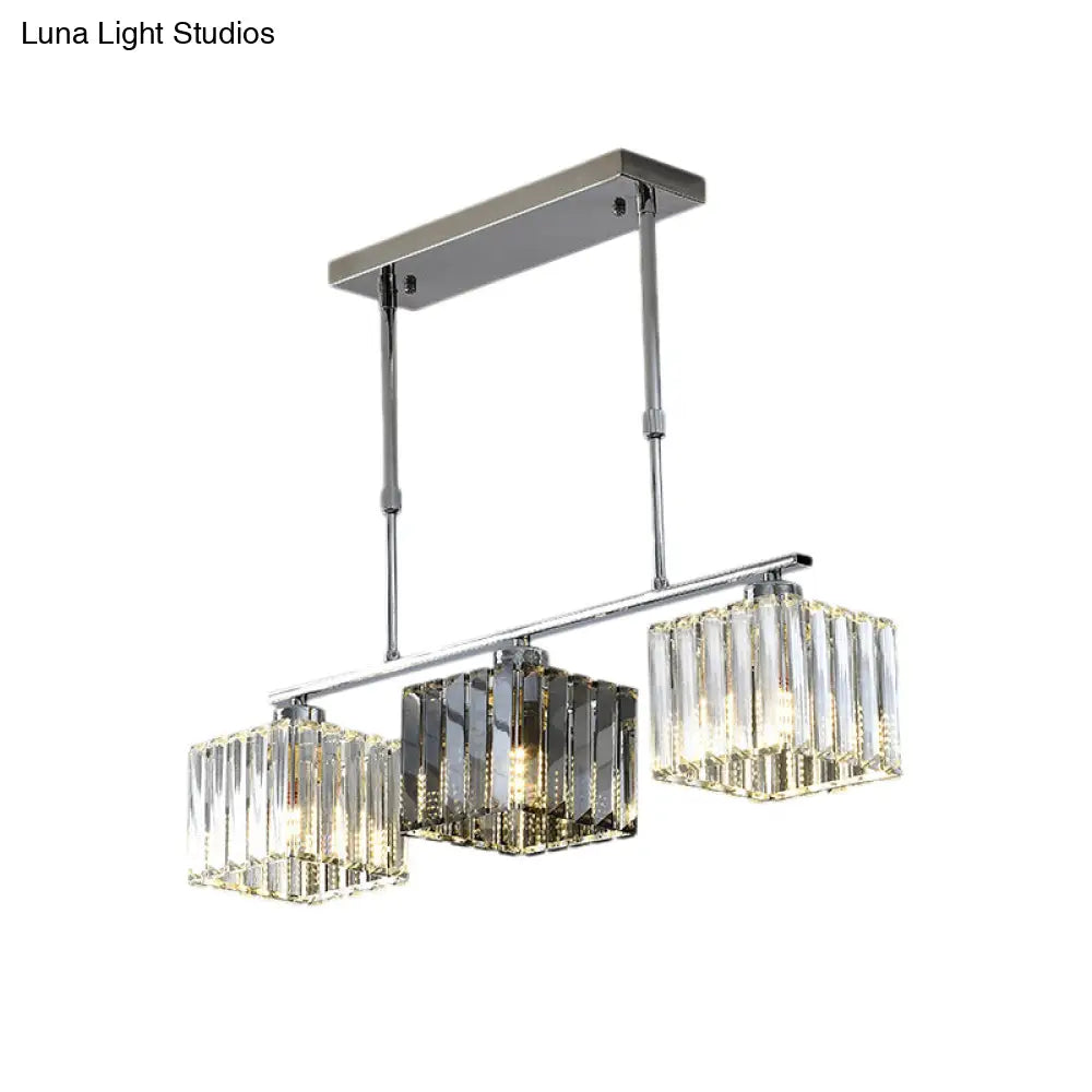 Cube Island Ceiling Light Modern Crystal Shaded Pendant Chrome Finish - 3/4 Lights Table Overhead