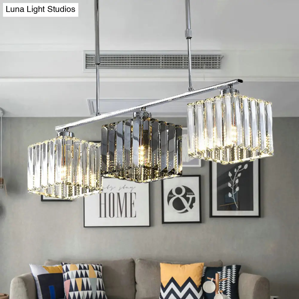 Cube Island Ceiling Light Modern Crystal Shaded Pendant Chrome Finish - 3/4 Lights Table Overhead