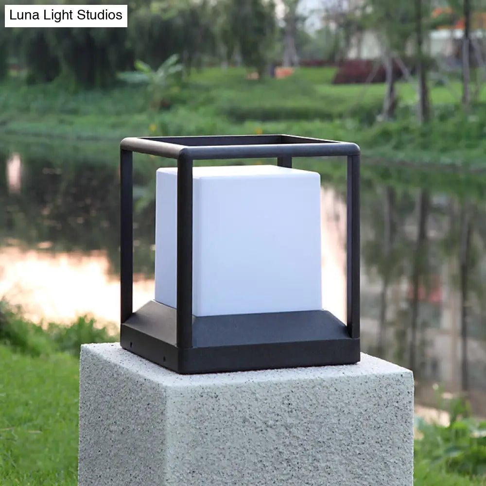 Cubic Plastic Post Light: Modern 1-Light Gate Lamp With Metal Frame - Black & White