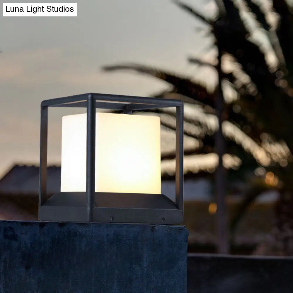 Cubic Plastic Post Light: Modern 1-Light Gate Lamp With Metal Frame - Black & White