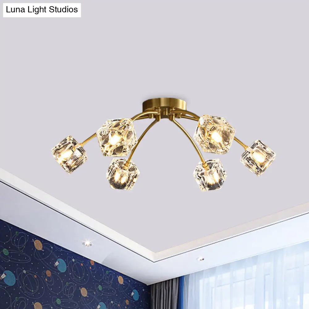 Cubic Restaurant Semi Flush Light With Clear Crystal Block - 6-Light Brass Mount
