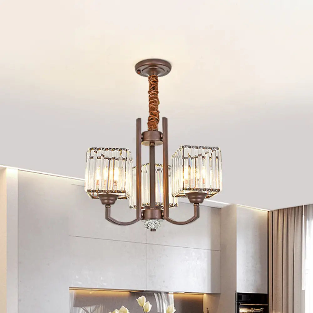 Cuboid Crystal Block Chandelier - Modernist Pendant Lamp With 3/6 Lights For Dining Room In Coffee