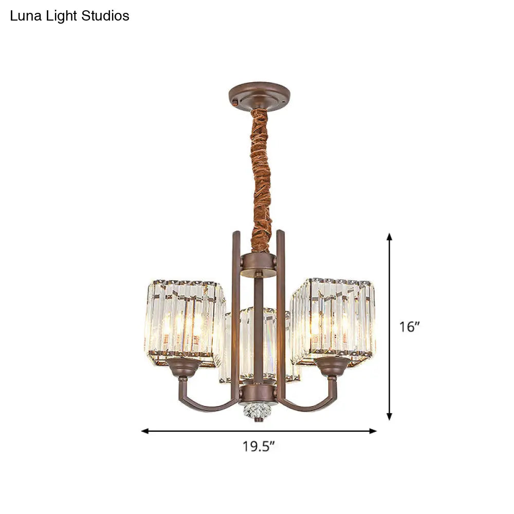 Cuboid Crystal Block Chandelier - Modernist Pendant Lamp With 3/6 Lights For Dining Room In Coffee