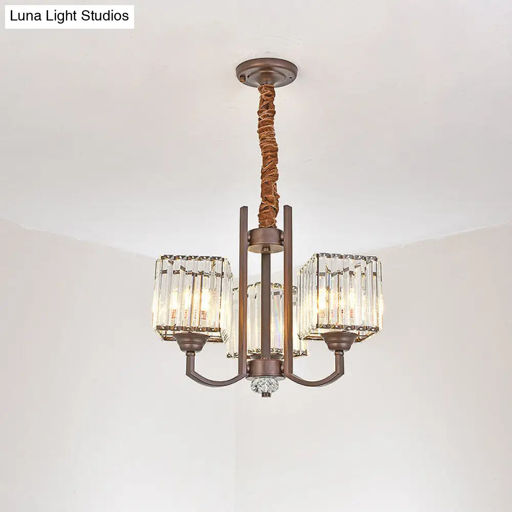 Cuboid Crystal Block Chandelier - Modernist Pendant Lamp With 3/6 Lights For Dining Room In Coffee