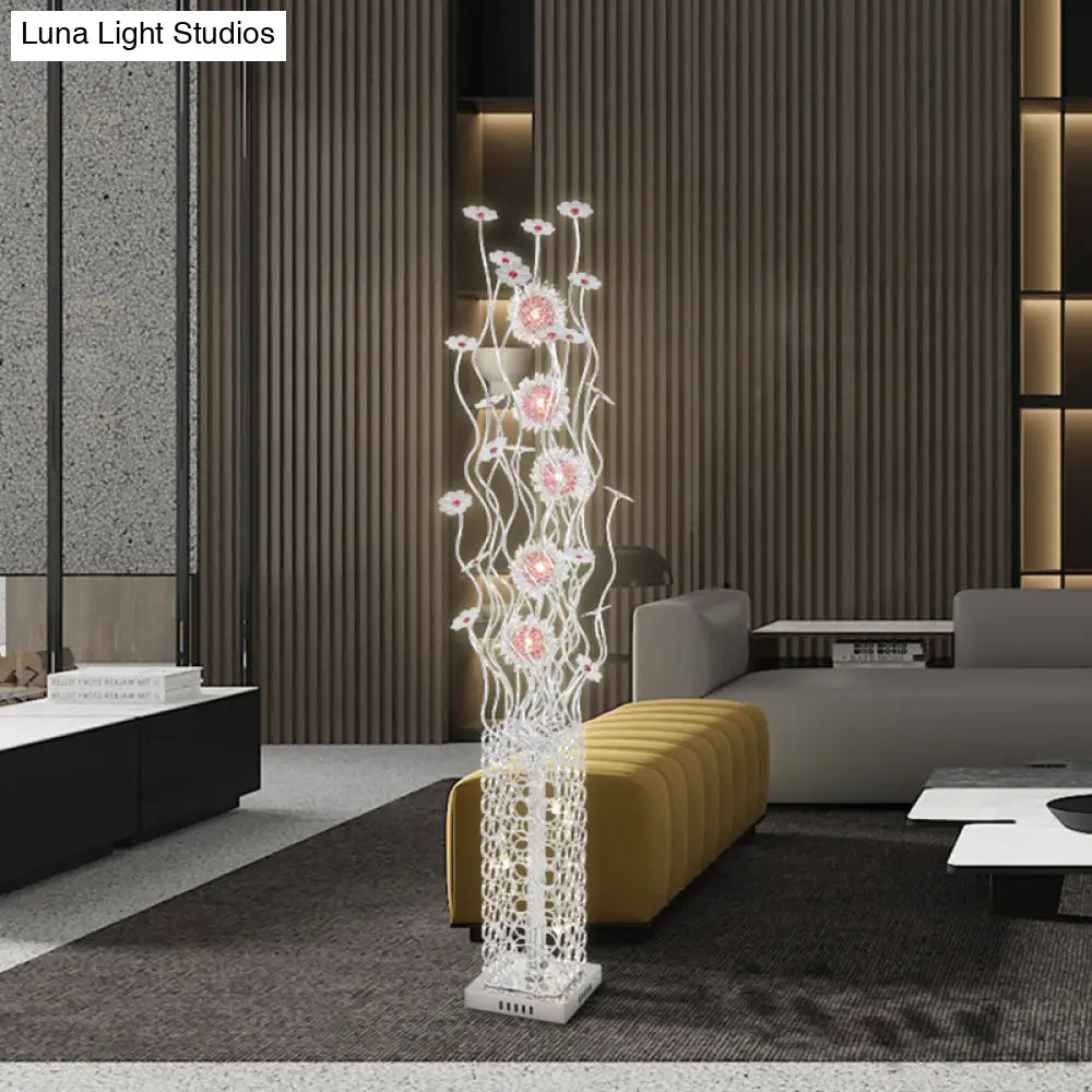 Cuboid Metallic Led Floor Lamp With Floret Design - Silver Warm/White Light For Stylish Living Room