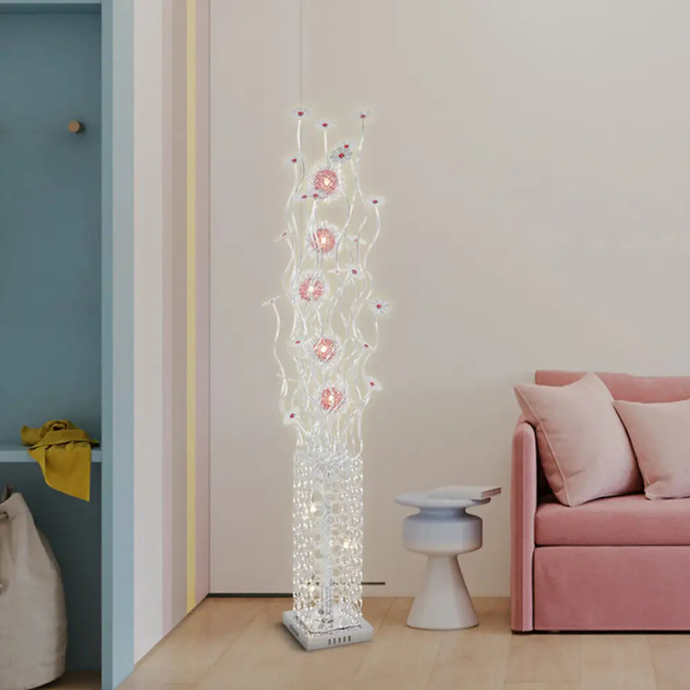 Cuboid Metallic Led Floor Lamp With Floret Design - Silver Warm/White Light For Stylish Living Room