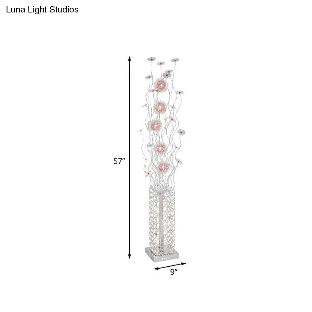 Cuboid Metallic Led Floor Lamp With Floret Design - Silver Warm/White Light For Stylish Living Room