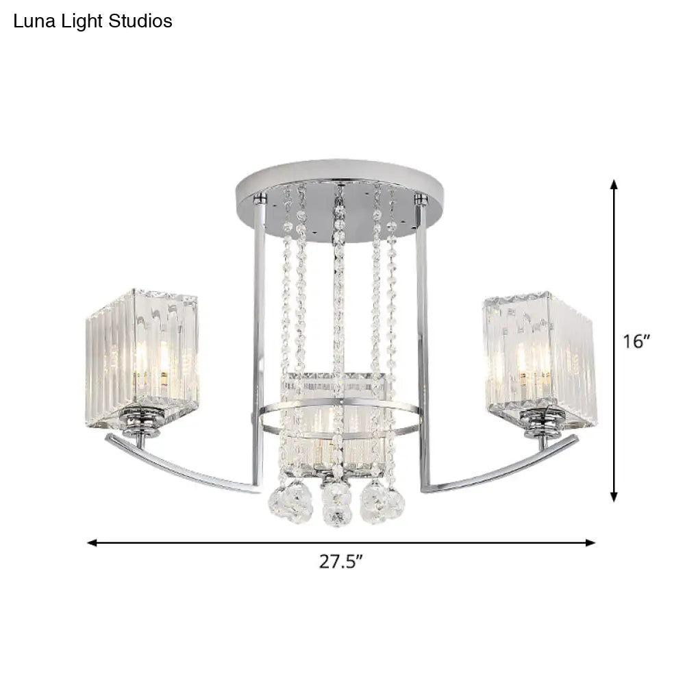 Cuboid Semi Flush Ceiling Lamp - Clear Crystal Chandelier With Strands Deco In Chrome 3 Lights