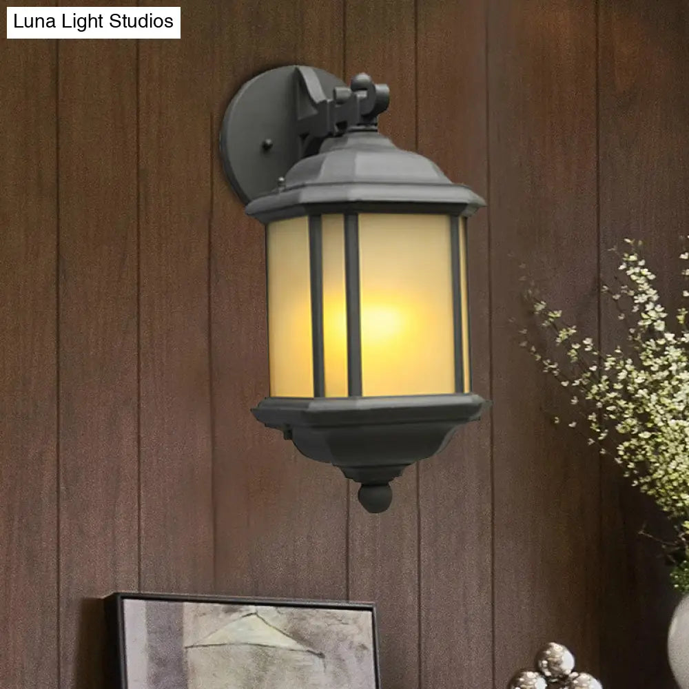 Cuboid Tan Glass Wall Sconce - Country 1-Head Corner Mount Lamp In Black With Removable Bottom