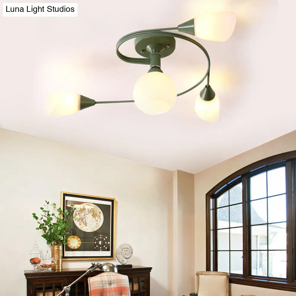 Curly Nordic Iron Semi Flush Mount Ceiling Light With Glass Shades In Grey/Pink/Yellow - 4/6-Head