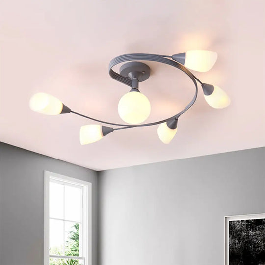 Curly Semi Flush Mount Ceiling Lamp With Nordic Iron & White Glass Shade - 4/6 Head Options In Grey