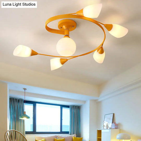 Curly Nordic Iron Semi Flush Mount Ceiling Light With Glass Shades In Grey/Pink/Yellow - 4/6-Head