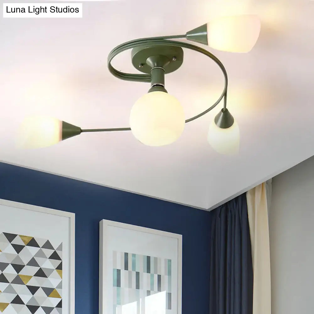 Curly Nordic Iron Semi Flush Mount Ceiling Light With Glass Shades In Grey/Pink/Yellow - 4/6-Head